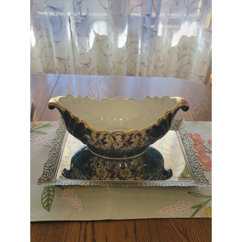 Vintage Guadalajara Boat Bowl, Lofisa Console, Lacy Floral Pattern, Black Green
